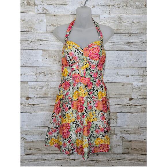 GUESS Sundress Floral Cottage Size 10 Halter Cotton Ruched Mini Bustier Boho - Picture 1 of 16